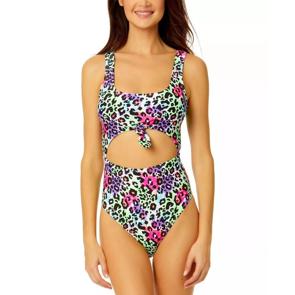 NWT Salt + Cove One Piece Swimsuit Womens Multi Neon Leopard Cutout M $45